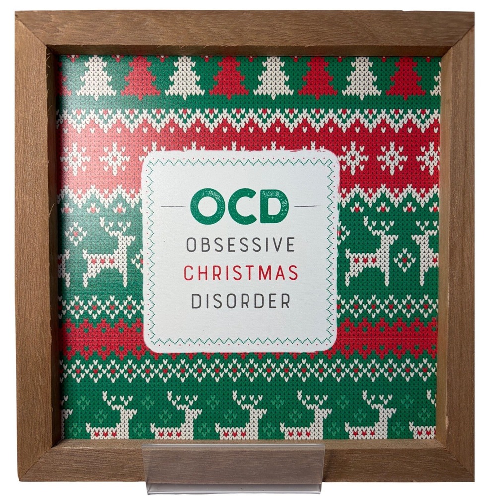 OCD Obsessive Christmas Disorder Wood Framed Sign Holiday Decor 7x7 Reindeer